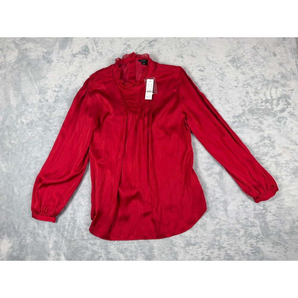 J.Crew Red Satin Lace Trim High Neck Pleated Blouse BL041 XS